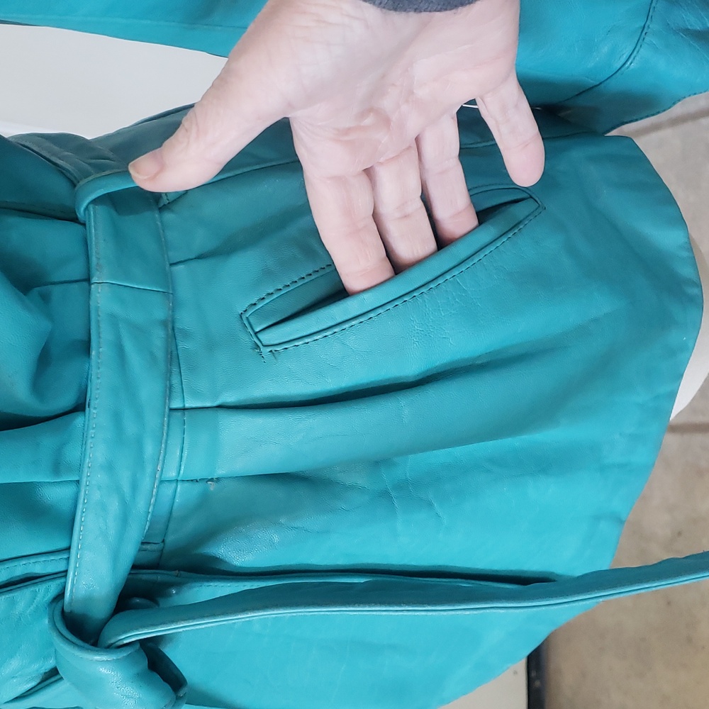 Vintage 80's Turquoise Leather Belted Jacket - Picture 6 of 15